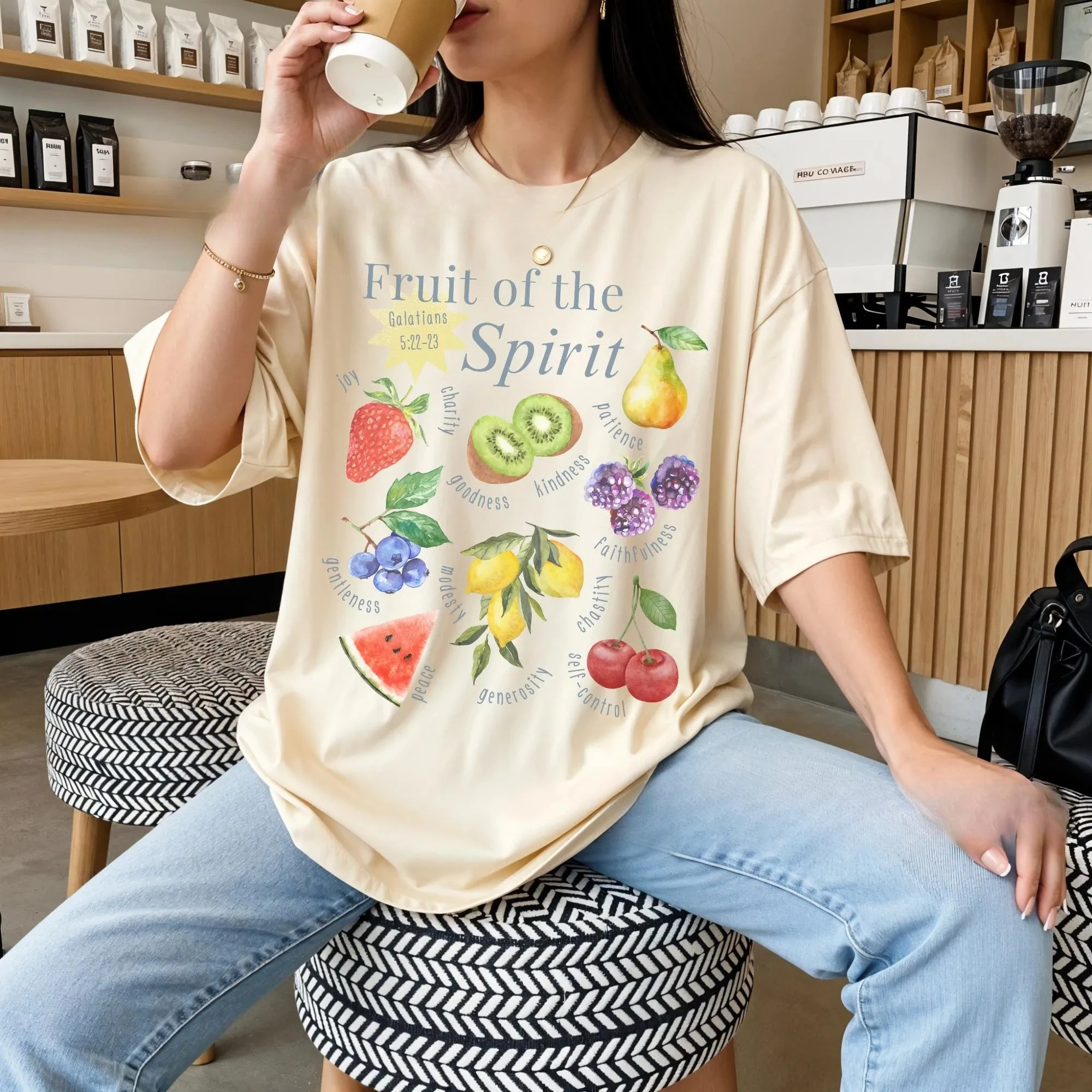 Fruit of The Spirit Pattern Printed T-shirt Spring/Summer Women's New Fashion Trend Top Neutral Short Sleeve Comfortable T-shirt