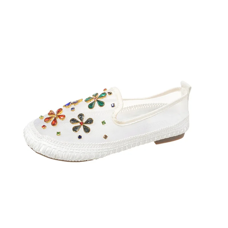 Soft Shoes Woman Flats Casual Female Sneakers Shallow Mouth Flax Slip-on Crystal Round Toe Dress Linen Slip On Rhinestone Knitti