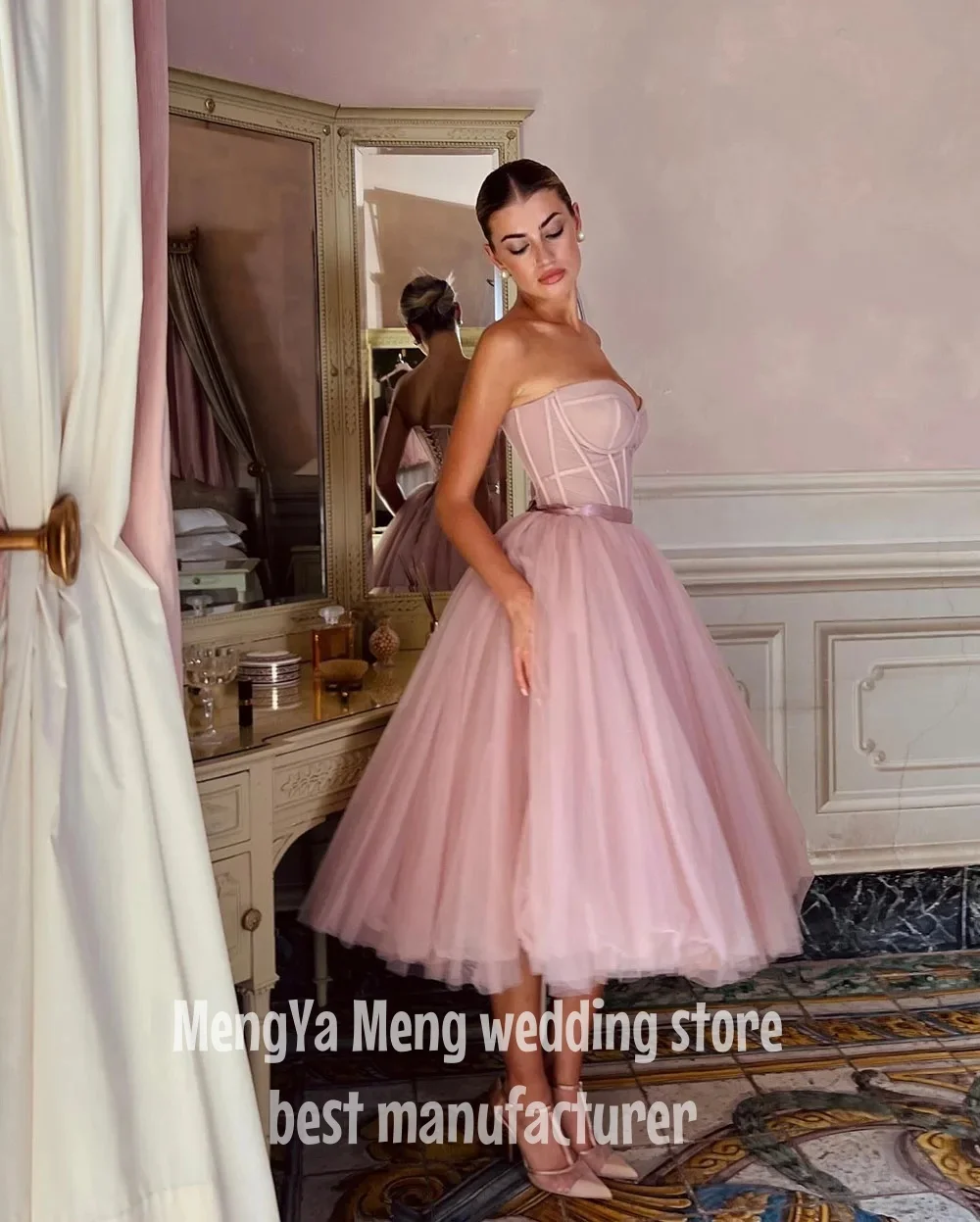 

ZHUISHU Elegant Pink Tulle Prom Dresses Strapless A-Line Evening Dress Sweetheart Sleeveless Tea-Length Formal Gowns Customized