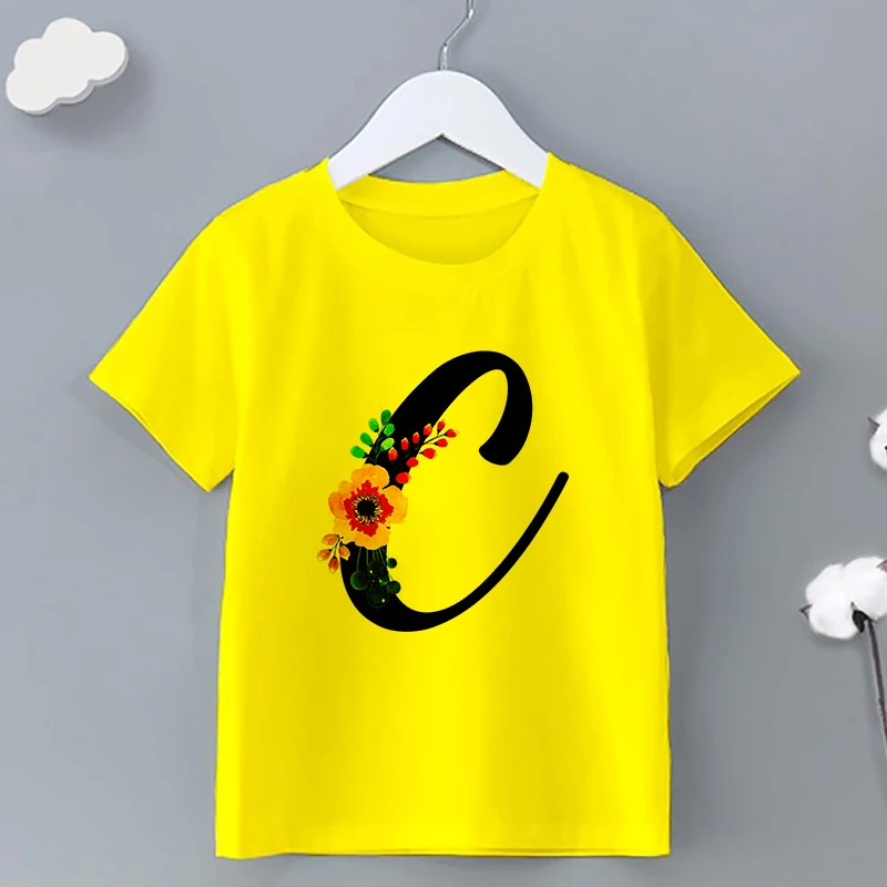 Nowe dzieci t-shirt dziewczynka chłopiec kwiaty list A-Z Kawaii bajki ubrania dziecięce koszulki małe dziecko żółte bluzki na co dzień