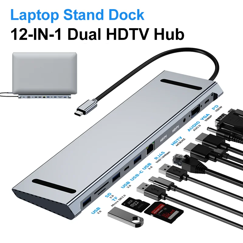 

Подставка для док-станции USB-C, многопортовый концентратор 12 в 1, двойной 4K HDTV, VGA 100 Мбит/с 3 × USB-A SD/TF, для MacBook/Dell/HP/Lenovo
