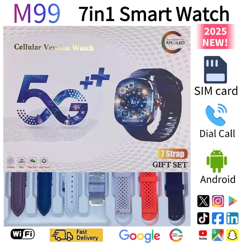 

M99 5G Smartwatch 2025 2.4 Inch AMOLED Display Android OS Rotating Camera SIM WiFi Health Monitor GPS Heart Rate Waterproof