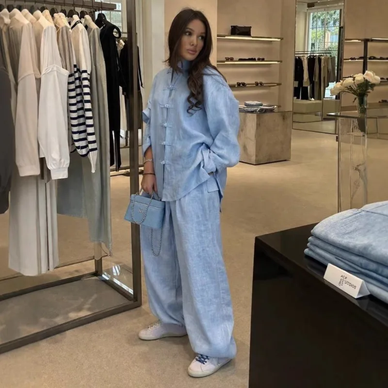 

Women 2026 Summer Linen 2Pcs Set Loungewear Chinese Knot Button Loose Shirt + Wide Leg Pants Casual Breathable Vacation Outfit