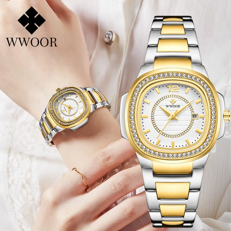 

WWOOR Fashion Luxury Women Watch Diamond Ladies Quartz Bracelet Wristwatches Elegant Women Watch Date Female Clock Montre Femme