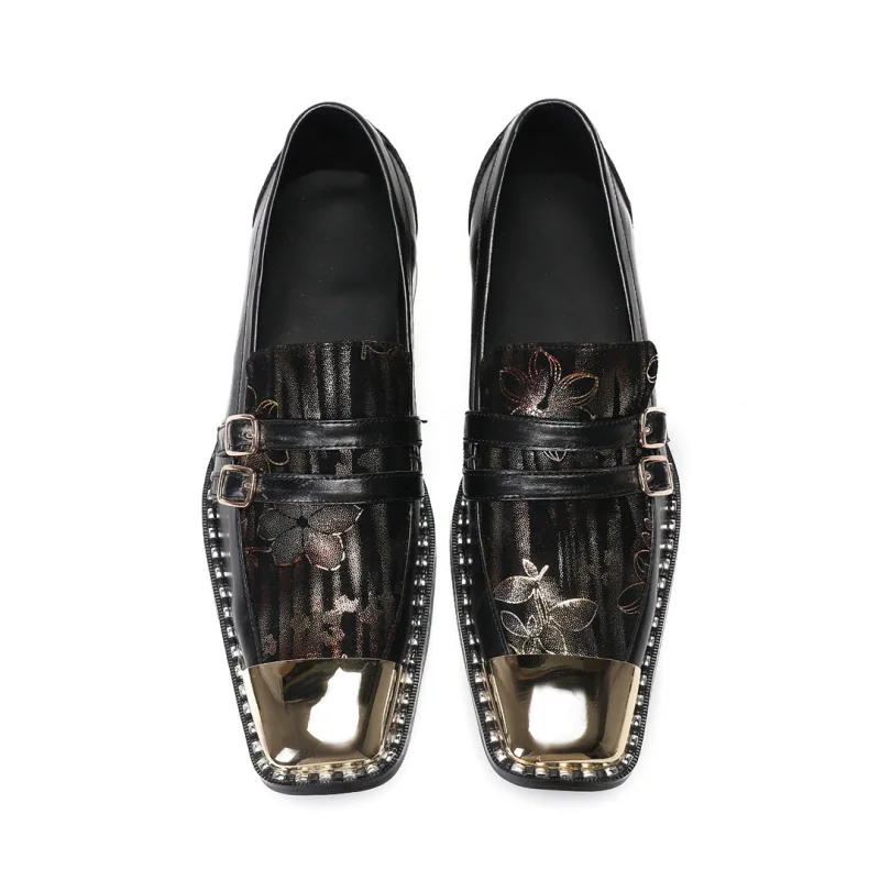 

Iron Square Toe Men's Leather Shoes Flower Print Loafers Leisurely Youth Korean Style Trendy Leather Shoes Size 47