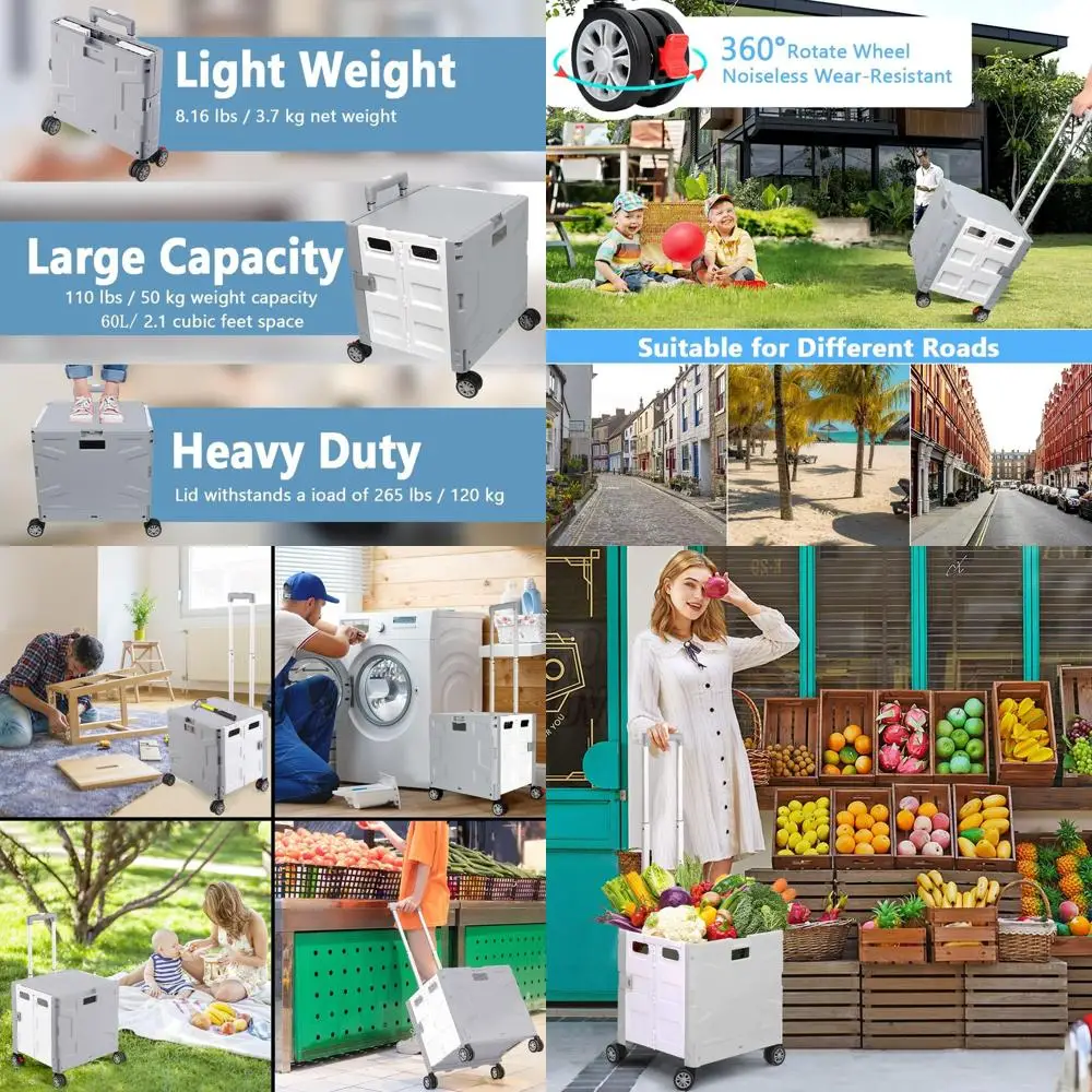 

Collapsible Shopping Cart with 360° Swivel Wheels, Hidden Lid & Telescoping Handle for Travel, Storage, and Office Use (White/Gr