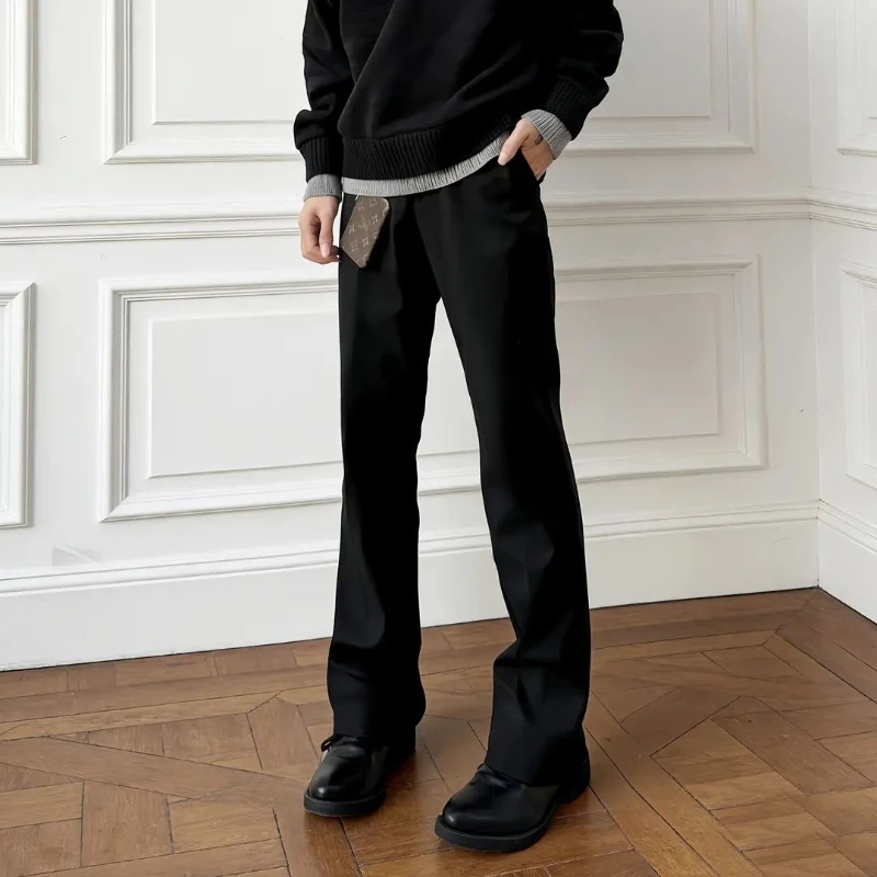Men's Black Flare Dress Pants Vintage Vibe Style High Waist Draped Slim Fit Trousers Elegant Stacked Long Pants