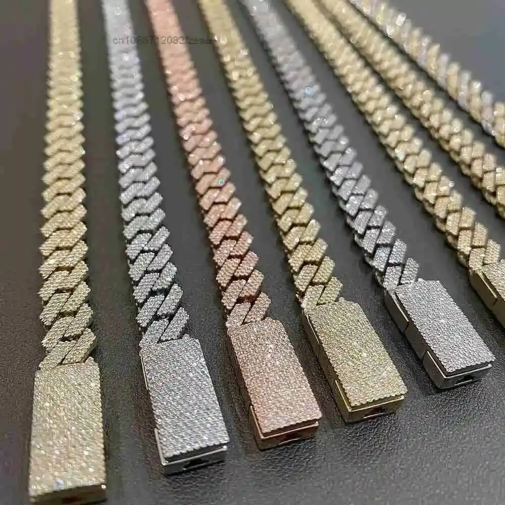 Luxury Hip Hop Rapper Bracelet 10mm Prong Setting Double Row 5ct Moissanite Miami Cuban Chain Bracelet.