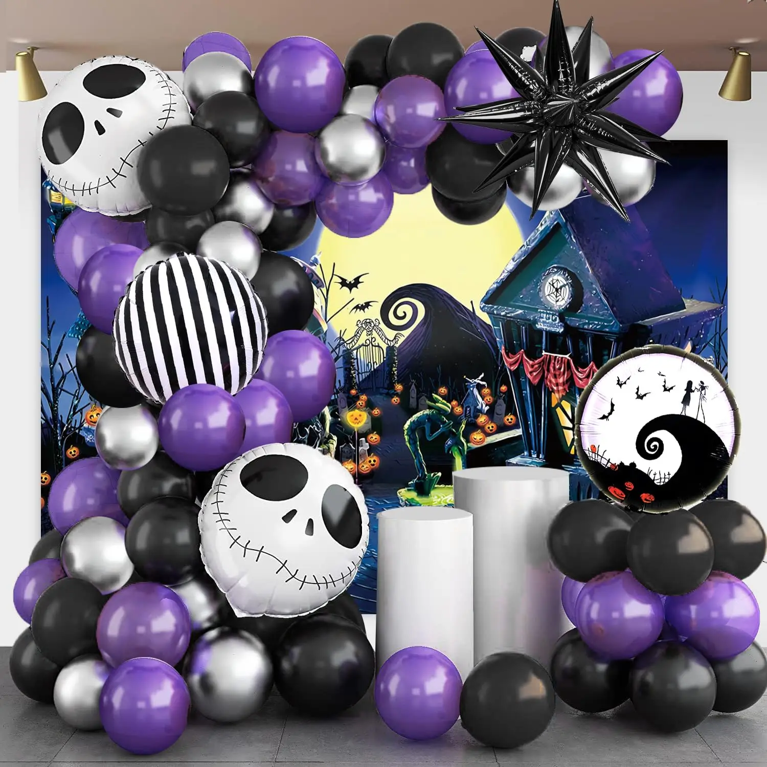 Halloween Party Balloon Garland Kit Nightmare Before Christmas Purple Black Balloon with Skull for Halloween Birthday Decoration