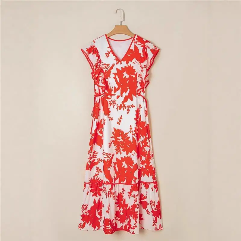 Sommer Neue V-ne Svel Floral Print Lange Dr frauen Hohe Taille Polyester n Sle Dr Abdeckung oulder Sve