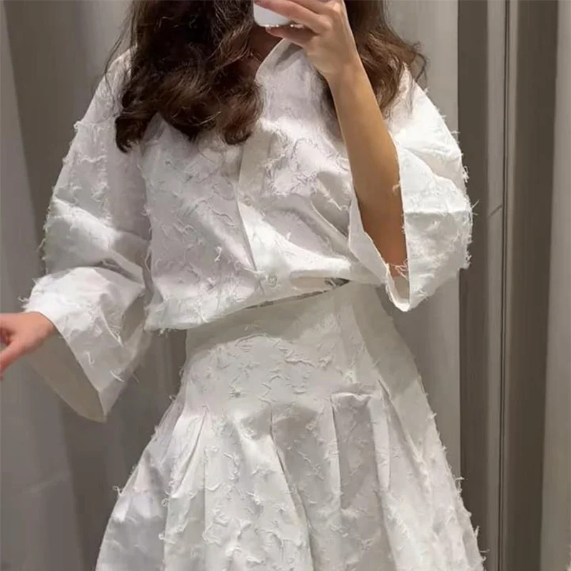 Fangokv エレガントなタッセルシャツスカート女性の衣装ラペル七分袖シャツプリーツスカート 2025 夏 2 個女性セット