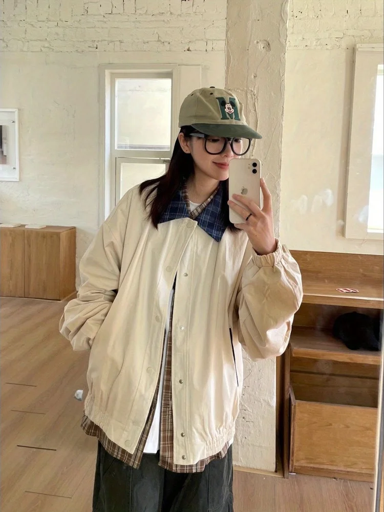 

Retro Japanese Plaid Buttoned Casual Jaet ex Spring Autumn Loose Fit Windproof Outerwear Long Sve Zipper Closure