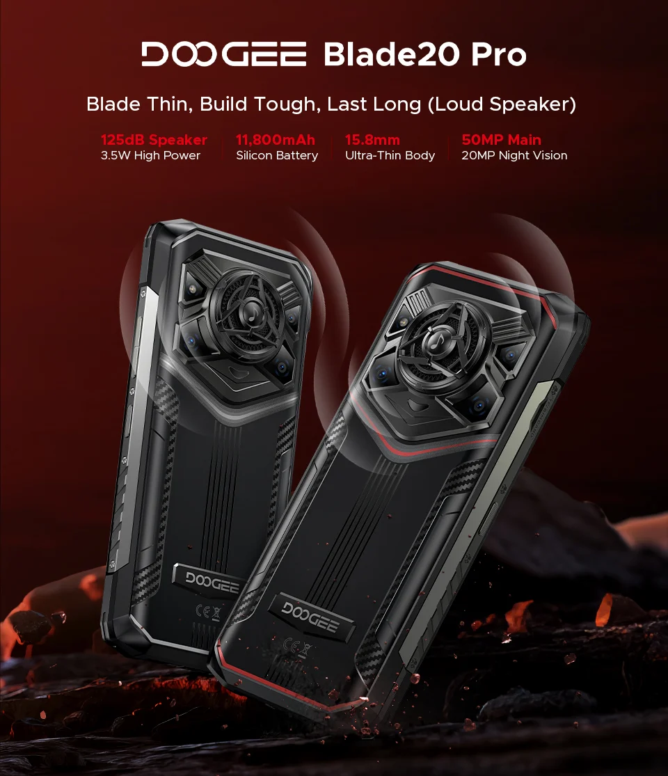 DOOGEE Blade20 Pro Rugged Smartphone 24GB+256GB 11800mAh UNISOC T7200 6.56" Screen 50MP+20MP Camera Night Vision 125dB Speaker