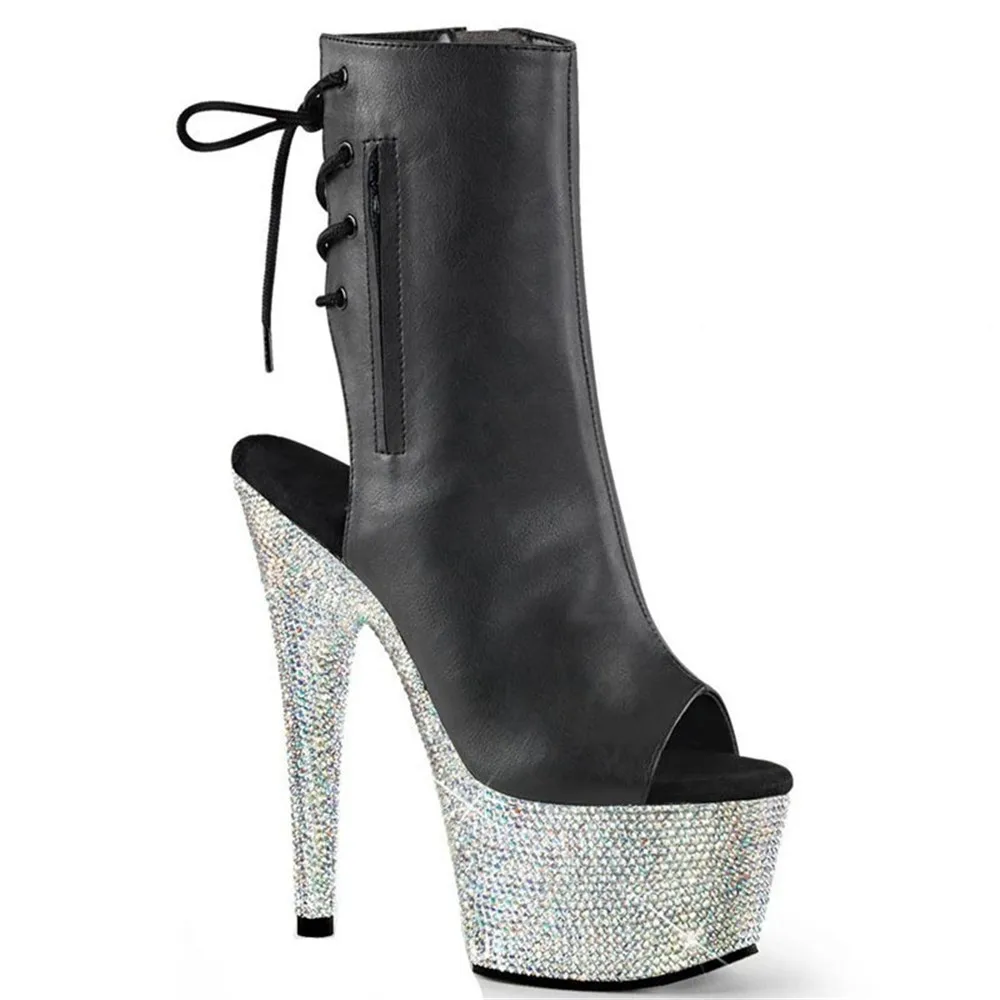 

open toe, Sole rhinestone decoration high heel pole dancing ankle boots, 15-17cm large size nightclub model sexy dance shoes