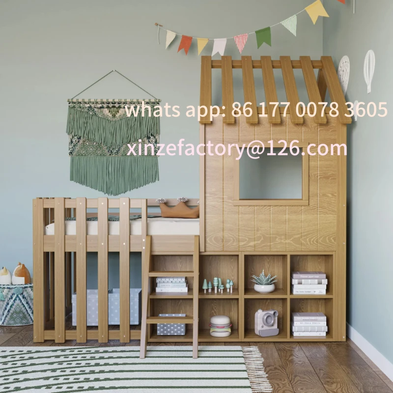 

Customizable house bed 90x200 with roof and window with open storage space with climbing ladder solid wood
