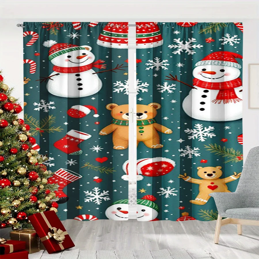 2PCS Christmas Winter Curtains, Dark Green Cartoon Snowman Teddy Bear Stocking, Digital Print, Bedroom Living Room, Home Decor