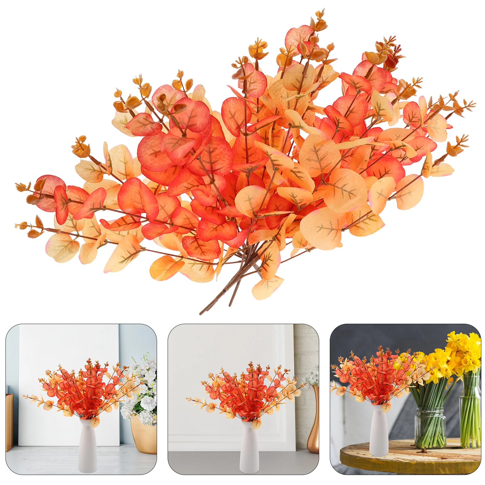 

6 Pcs Small Autumn Color Simulated Green Plants Office Decor Silk Cloth Faux Eucalyptus Stem