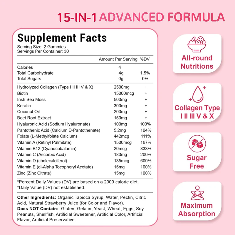 Suplementos de colágeno sabor morango, Homens Sem Açúcar, Vitamina C Zinco, Músculos e Articulações da Pele, 60