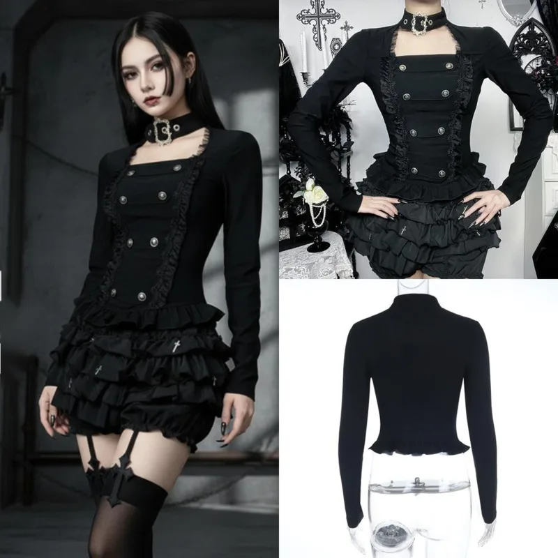 

Новинка: Готический топ Y2K в стиле Лолита для девушек, унисекс, с длинными рукавами, сетчатыми и ажурными вставками, темный, с эффектом многослойности