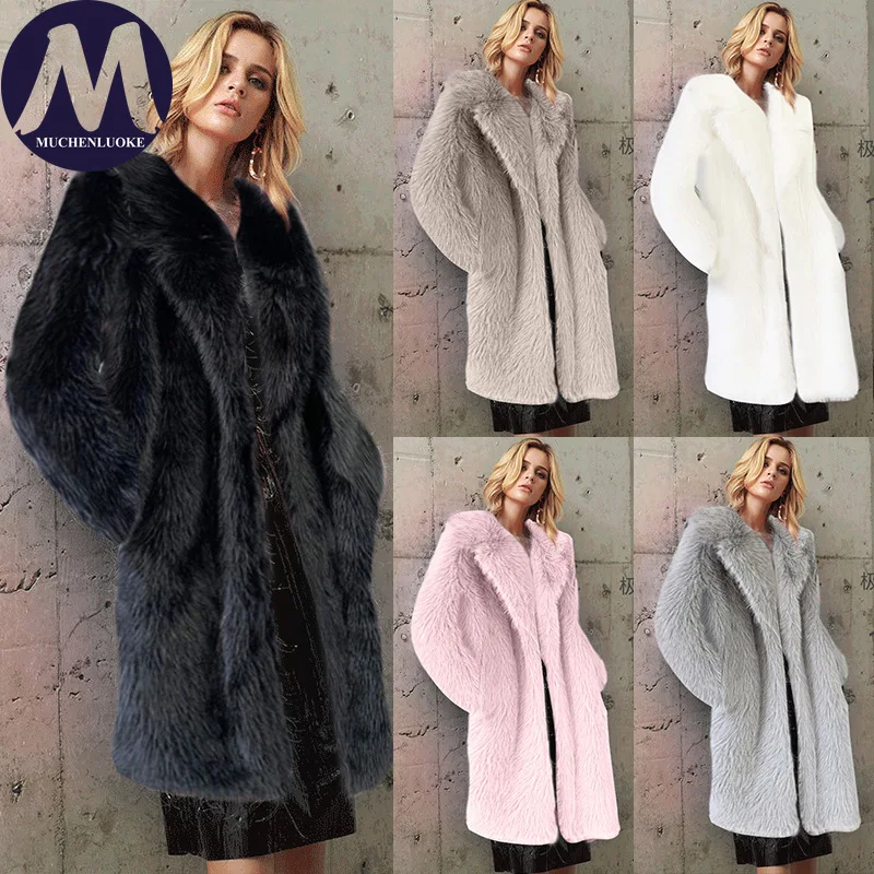

Women's Slim Fit Warm Fur Coat with Imitation Fox Hair Collar Korean Fashion Artificial Plush Coat for Autumn Winter