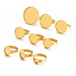 10pcs Gold Stainless Steel Adjustable Ring Settings Blank Base 8 10 12 20 25mm Cabochons Ring Bezel for Jewelry Making Supplies