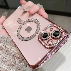 Nuova custodia trasparente con diamanti in cristallo per iPhone 16 15 11 12 13 14 Pro Max Plus Bling Sparkly Magsafe Cover di ricarica wireless magnetica