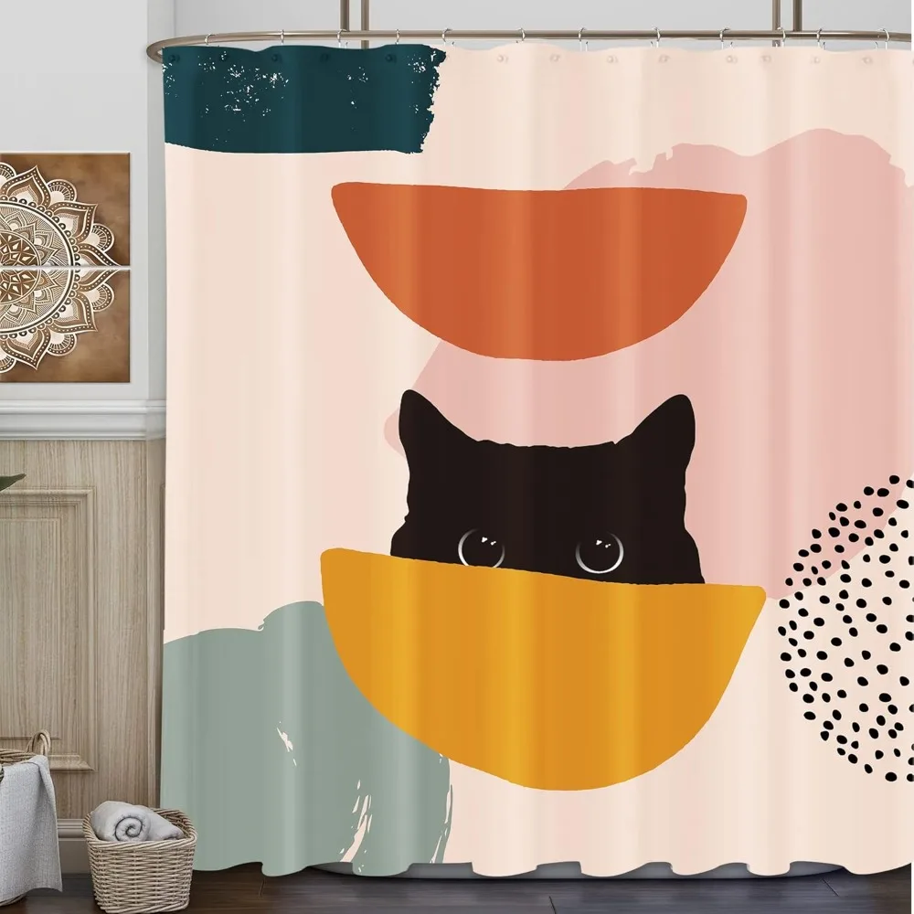 Abstract Cat Bathroom Shower Curtain Minimalist Funny Cute Geometric Aesthetic Pink Blush Colorful Simple Polyester 12 Hooks