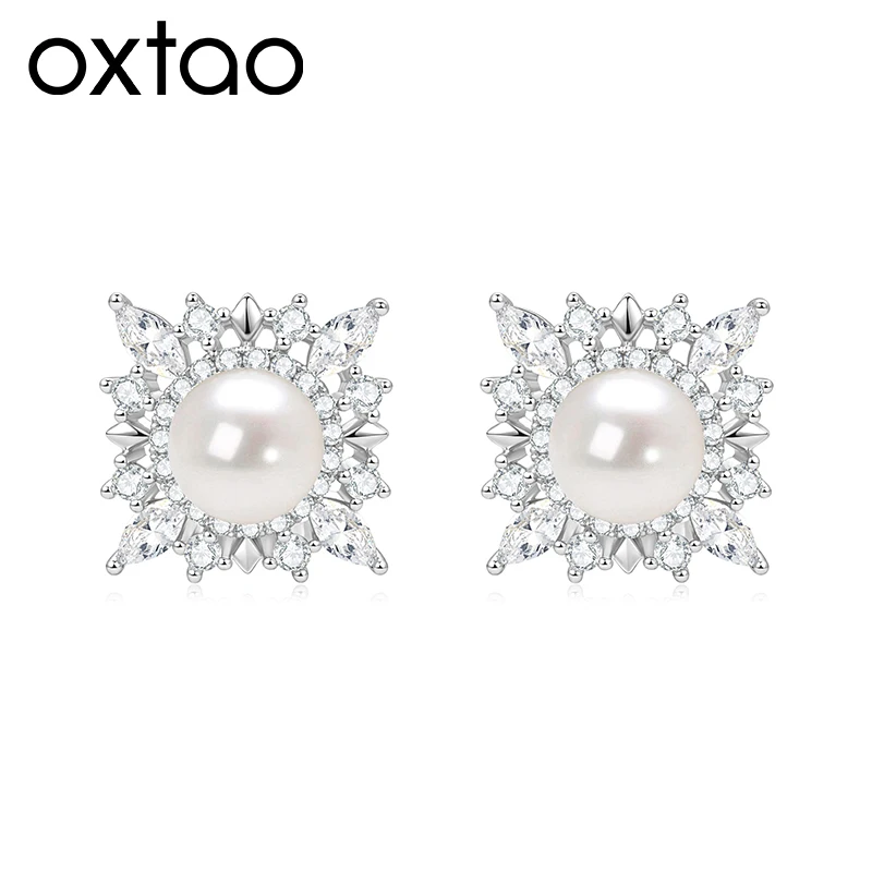 OXTAO Retro Sunflower Earrings for Woman White Natural Freshwater Pearl Jewelry Moissanite Earrings Wife Mother Birthday Gift Engagement Wedding 14K Gold Filled