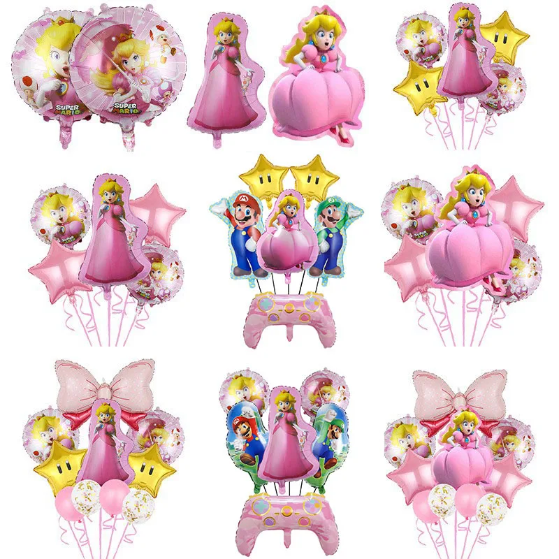2026 Neues Prinzessin Peach Folienballon-Set Spielthemen-Partyballons für Mädchen Rosa Stern-Schleife Deko-Kit für Kinderparty-Zubehör