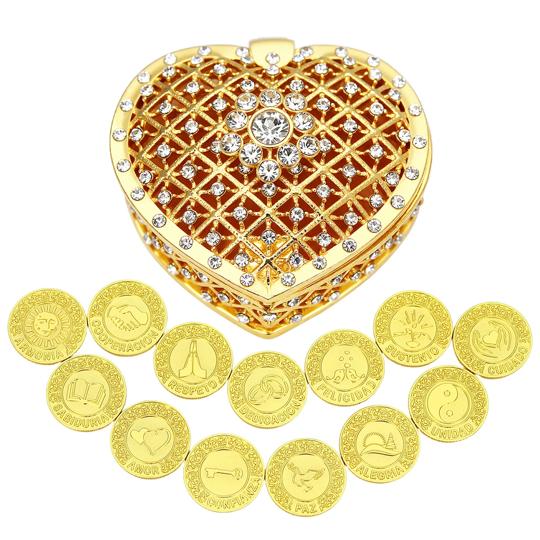 

13 шт., испанские монеты Arras Para Boda Unity для свадебного набора с сердечком, подарочная коробка, церемония, сувениры для невесты, ювелирные изделия