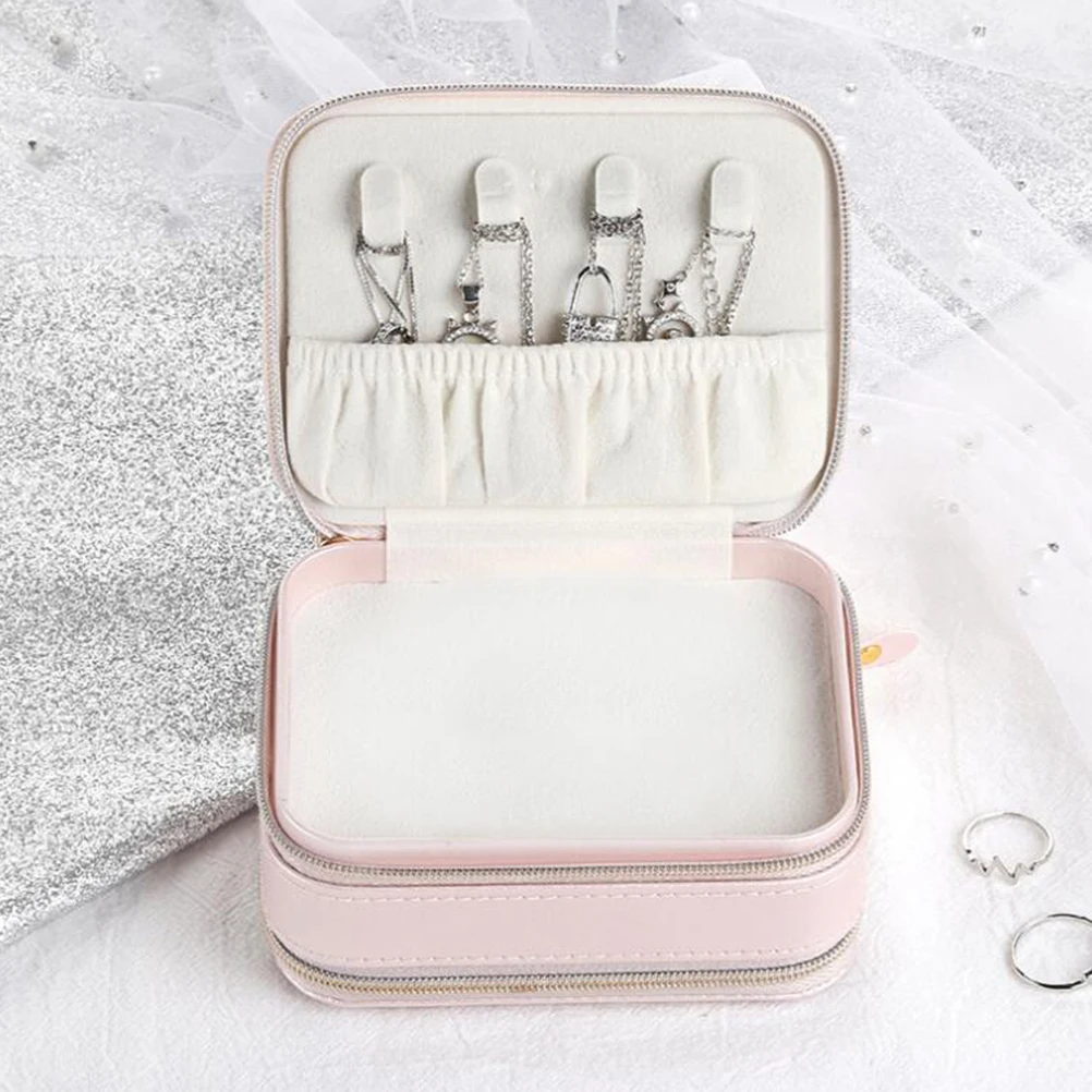 

Portable Zippered Jewelry Box PU Multifunction Jewelry Case with Built-in Mirror for Women Girls (Pink)