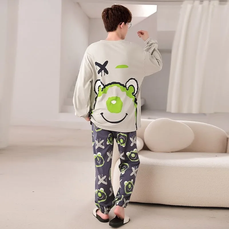 2024 Nieuwe Heren Pyjama 'S Lange Mouwen Katoenen Lente Herfst Nachtkleding Cartoon Tiener Student Ronde Kraag Loungewear Winterpakken