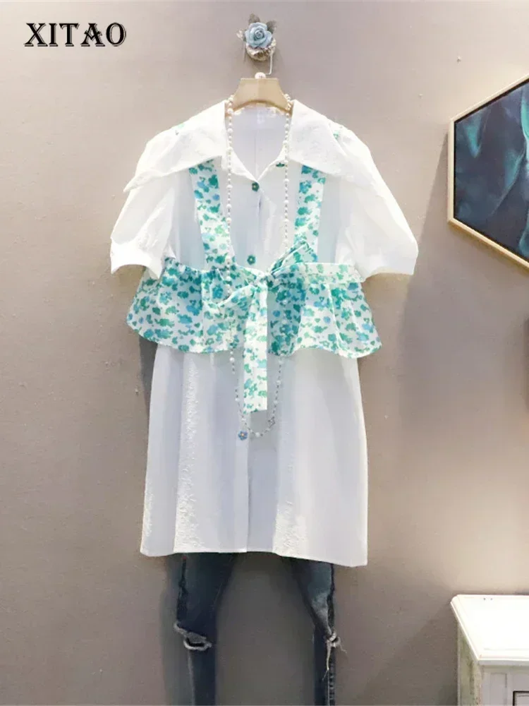 

XITAO Patchwork Print Pattern Blouse Fashion Single Breast False Two Piece Pleated Goddess Fan 2025 Minority Shirt WLD7008