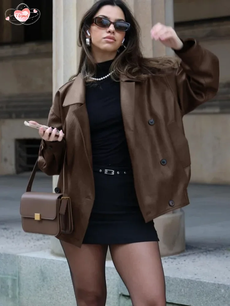 Vintage Double-breasted Solid Color Womens Leather Jackets Long Sleeve Casual Lapel Collar Autumn Winter Office Street Outerwear