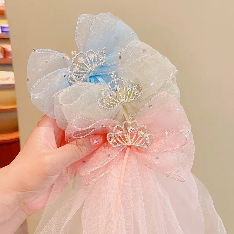 Children's Veil Girls Crown Bow Barrettes Little Princess Stereo Light Diamond Head Clip Birthday Photo Hair Clip Headdress