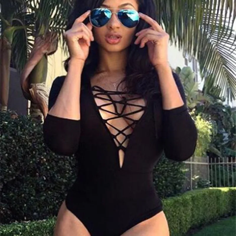  Fashion Women's Summer New Solid Color Round Neck Short-sleeved Chest Cross Hollow Sexy One-piece Women Bodysuits Bandage