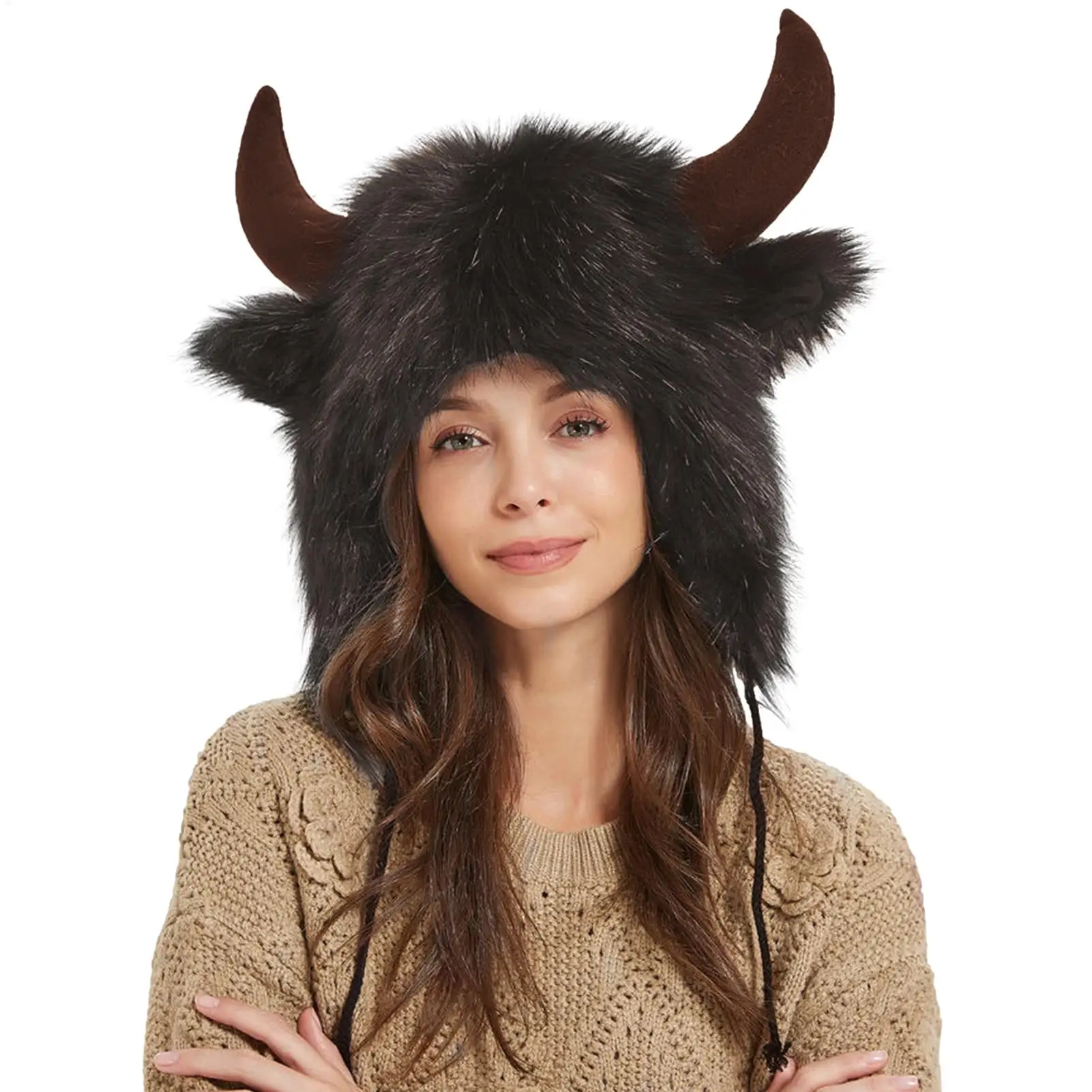 1pc High Quality Unisex Bullhead Hat Warm Thick with Horns Earflap Hat Windproof Fluffy Funny Hat Bomber Hats Creative Fun Hat