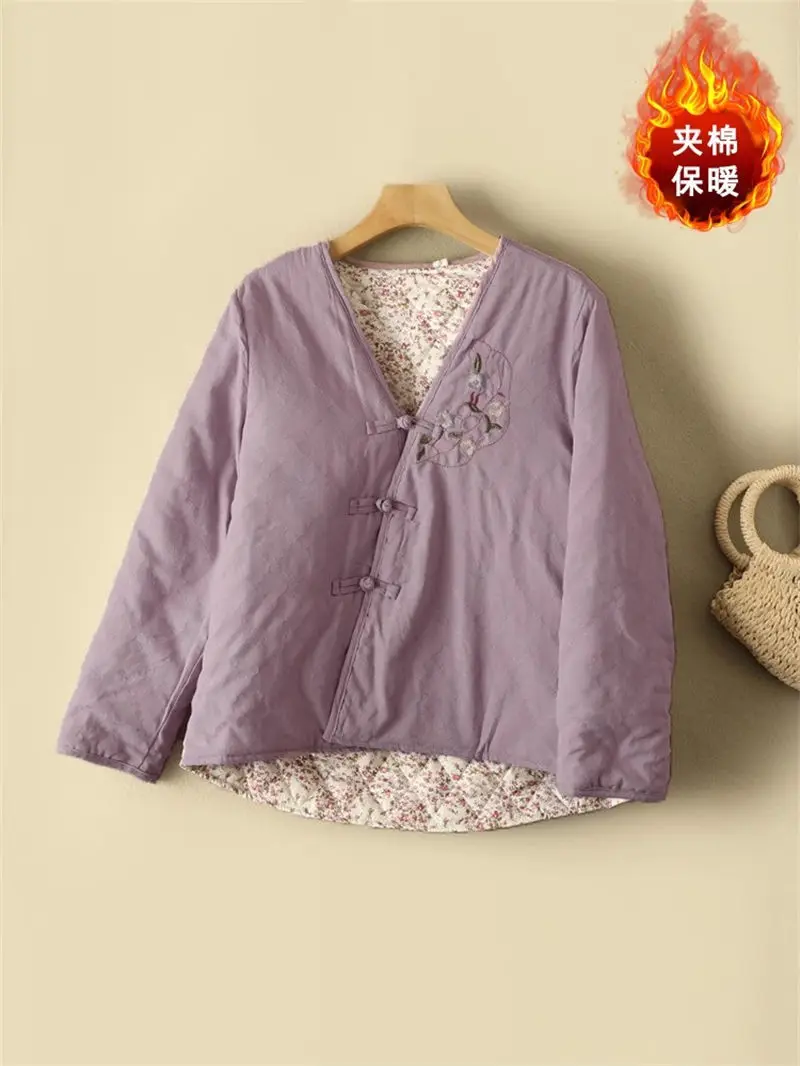 2024 Spring Autumn Chinese Style Embroidery Floral Lining Cotton Jacket V-Neck Buckle Irregular Women Short Quilted Coat Z4499