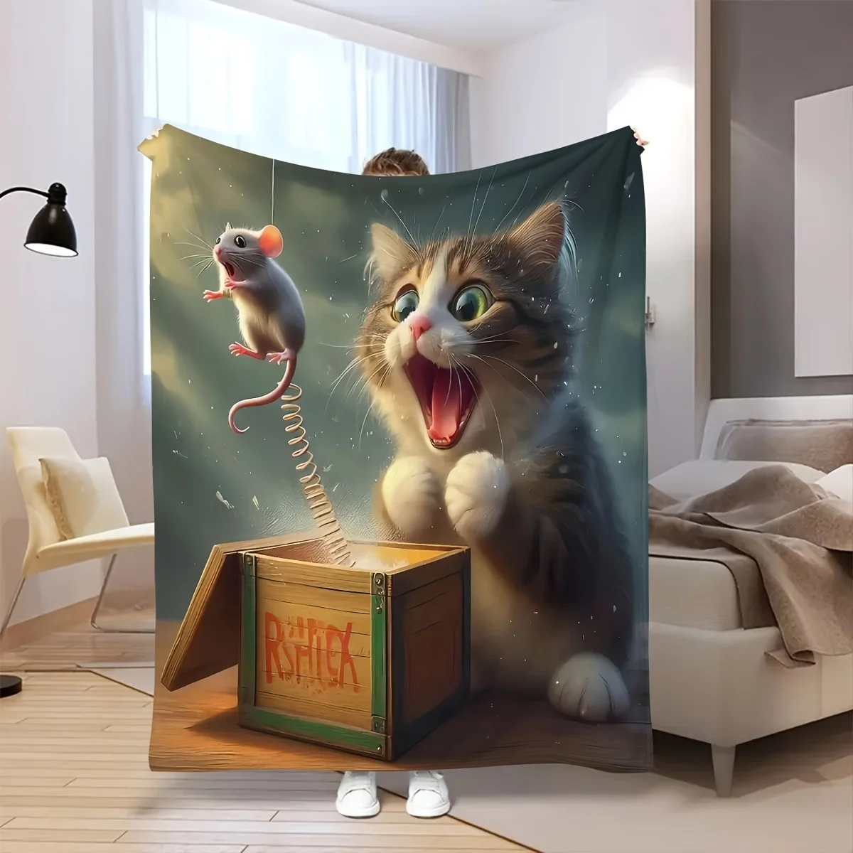 Cat and Mouse Digital Print Flannel Throw Blanket Multi-Purpose for Sofa, Bed, Office, Camping Gift - Contemporary Style