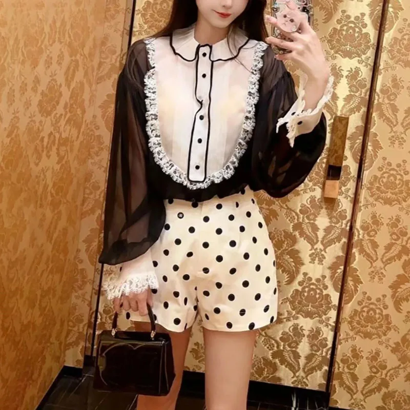 

High Quality Sexy Transparent Silk Organza Shirt Fashion Ruffles Patchwork Lace Elegant Ladies Blouse
