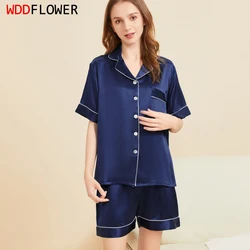 100% Mulberry Silk 22 momme Thick Women's Solid Colors Short sleeve Top with Shorts Pajama Set Sleepwear S M L XL 2XL LS100