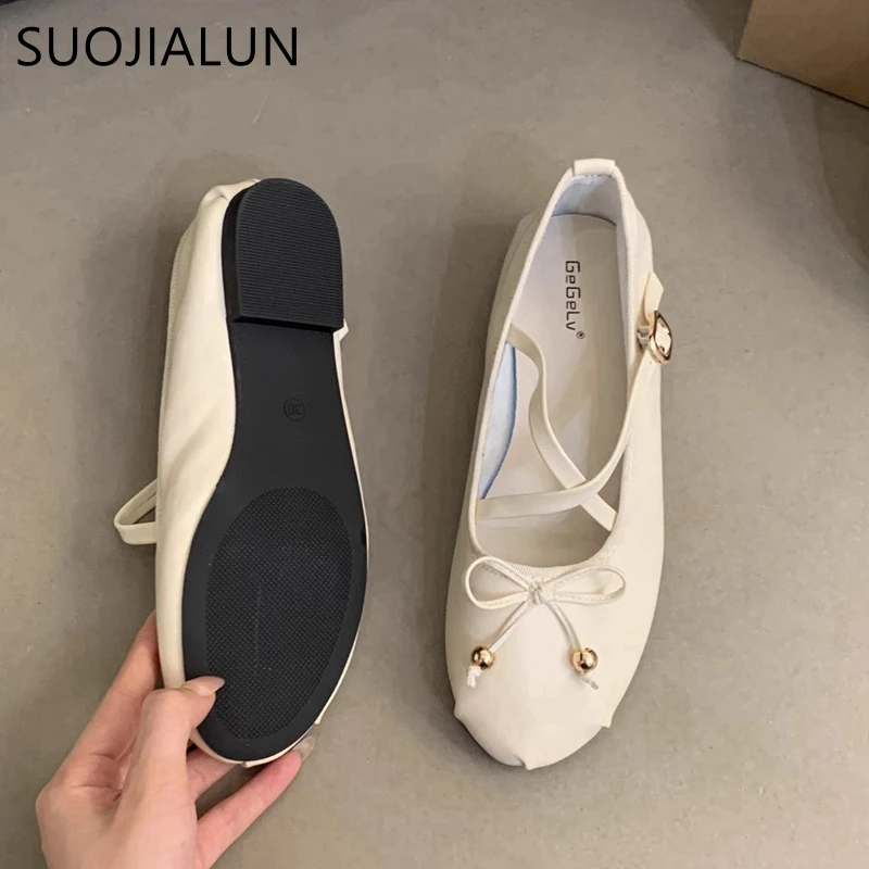 SUOJIALUN 2024 Autumn Women Flat Shoes Fashion Round Toe Shallow Slip On Ballerinas Shoes Ladies Soft Flat Heel Dress Mary Jane