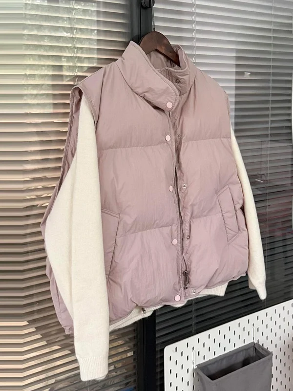 

Fashionable Thickened Cotton Vest Women's Winter New Style Stand Collar Warmth Layering Beautifully Commute Style Pure Color
