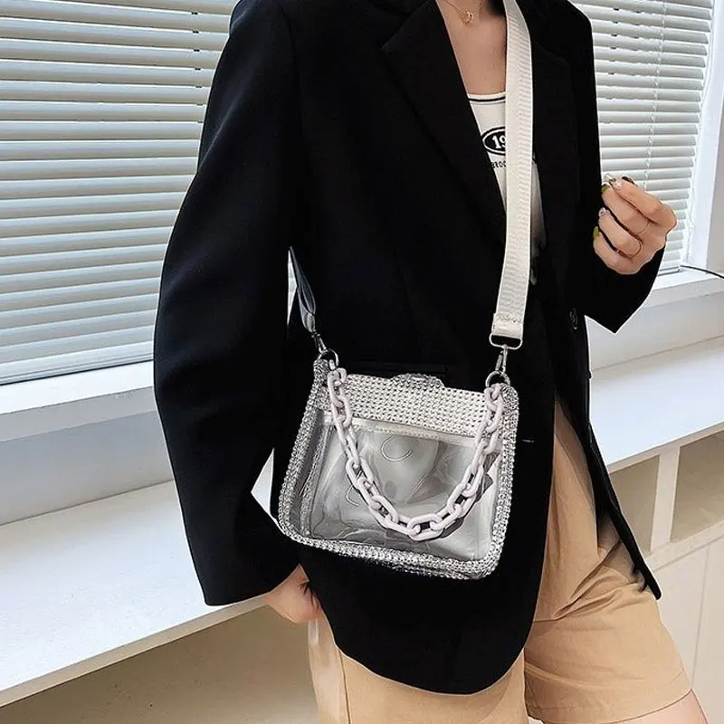 Moda coreana 2023 novo portátil pvc geléia crossbody bolsa feminina corrente brilhante telefone estádio aprovado estilingue saco