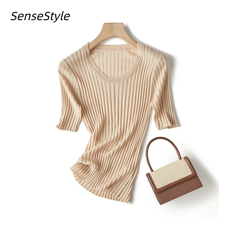 

Летние трикотажные топы из лиоцелла и ацетатного льна для женщин: облегающая футболка с U-образным вырезом и рукавом до локтя, базовая модель