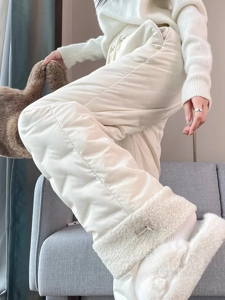 

White Down Pants High Quality Thickened Straight Trousers Winter Waterproof Warm Highs Waist White Duck Downs Cotton Pants Women