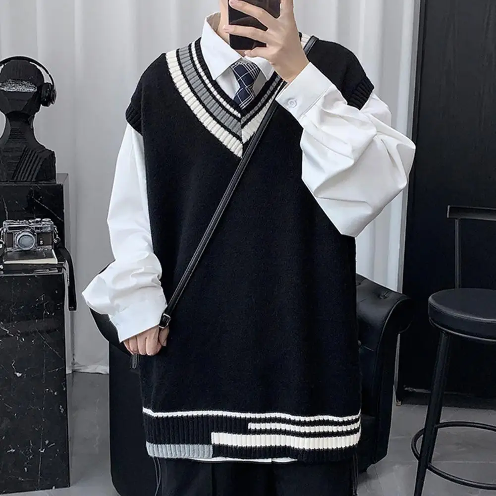 Men Asymmetrical Pattern Sweater Colorblock Knitted V Neck Vest Sweater for Men Mid Length Pullover Preppy Business Style