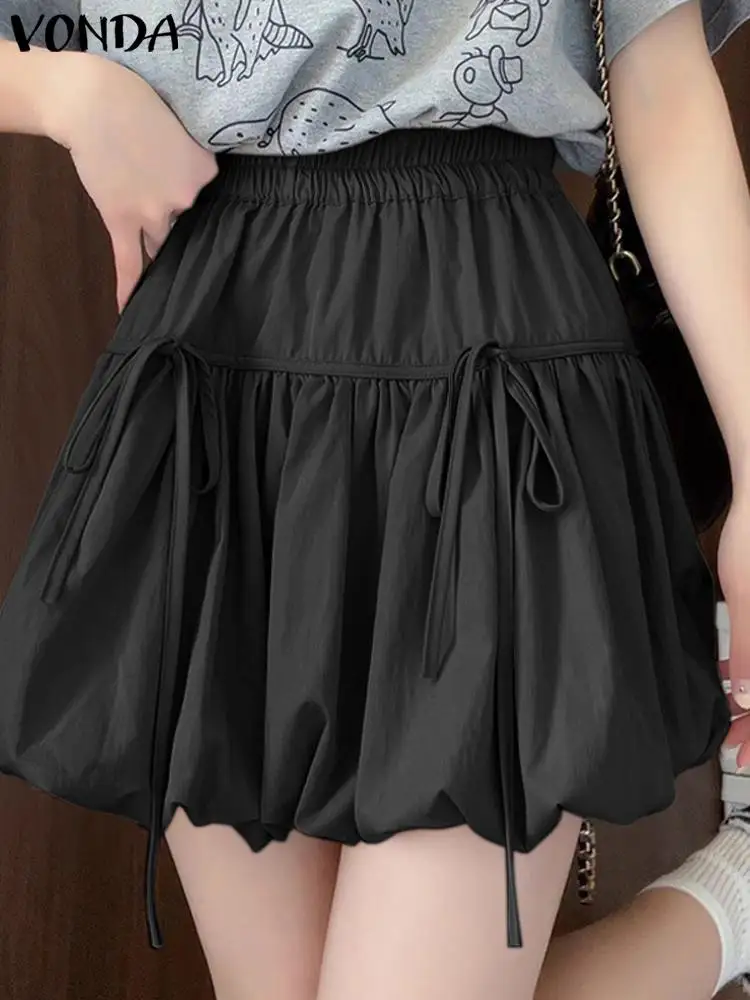 

VONDA Women Casual A-Line Skirt 2024 Summer High Elastic Waist Solid Color Short Mini Skirts Fashion Loose Ruffled Bow Bottoms