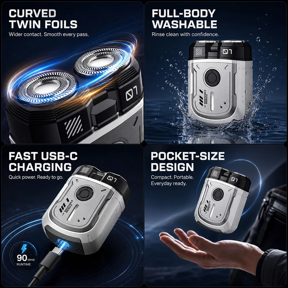 Mecha Style Mini Electric Shaver Portable Rotary Dual-Ring Razor IPX7 Waterproof USB Travel Grooming Tool For Men