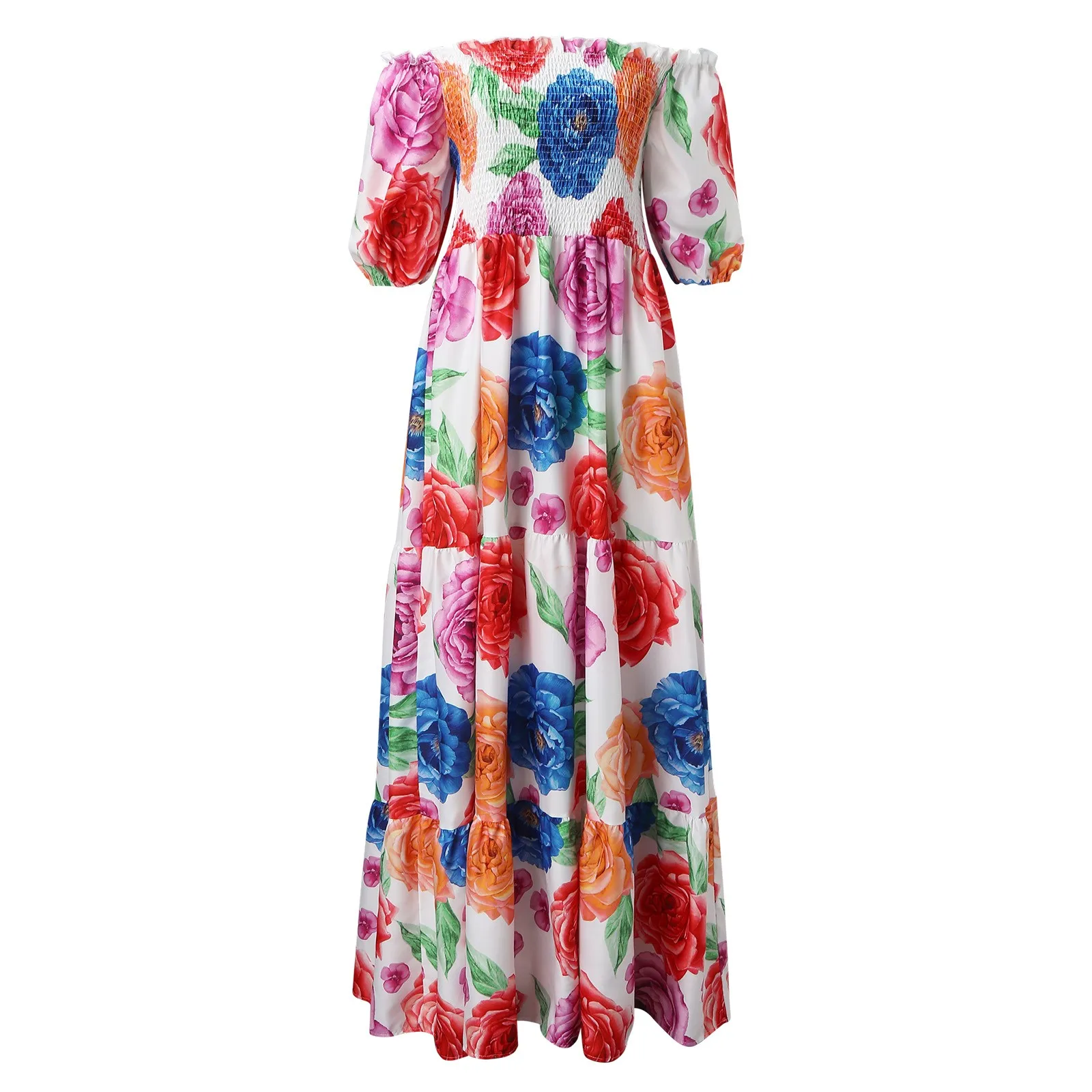 Floral Long Dress Women Off Shoulder Maxi Short Sleeve Sunflowers Print Pleated Maxi Dresses Beach Bohemian Sundress Vestidos